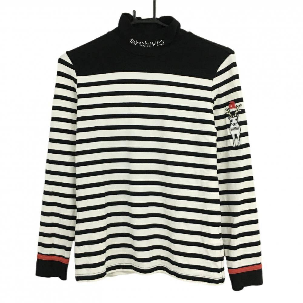 【美品】アルチビオ 長袖ハイネックシャツ 白×黒 ボーダー ネックロゴ 微起毛 レディース 36(S) ゴルフウェア archivio