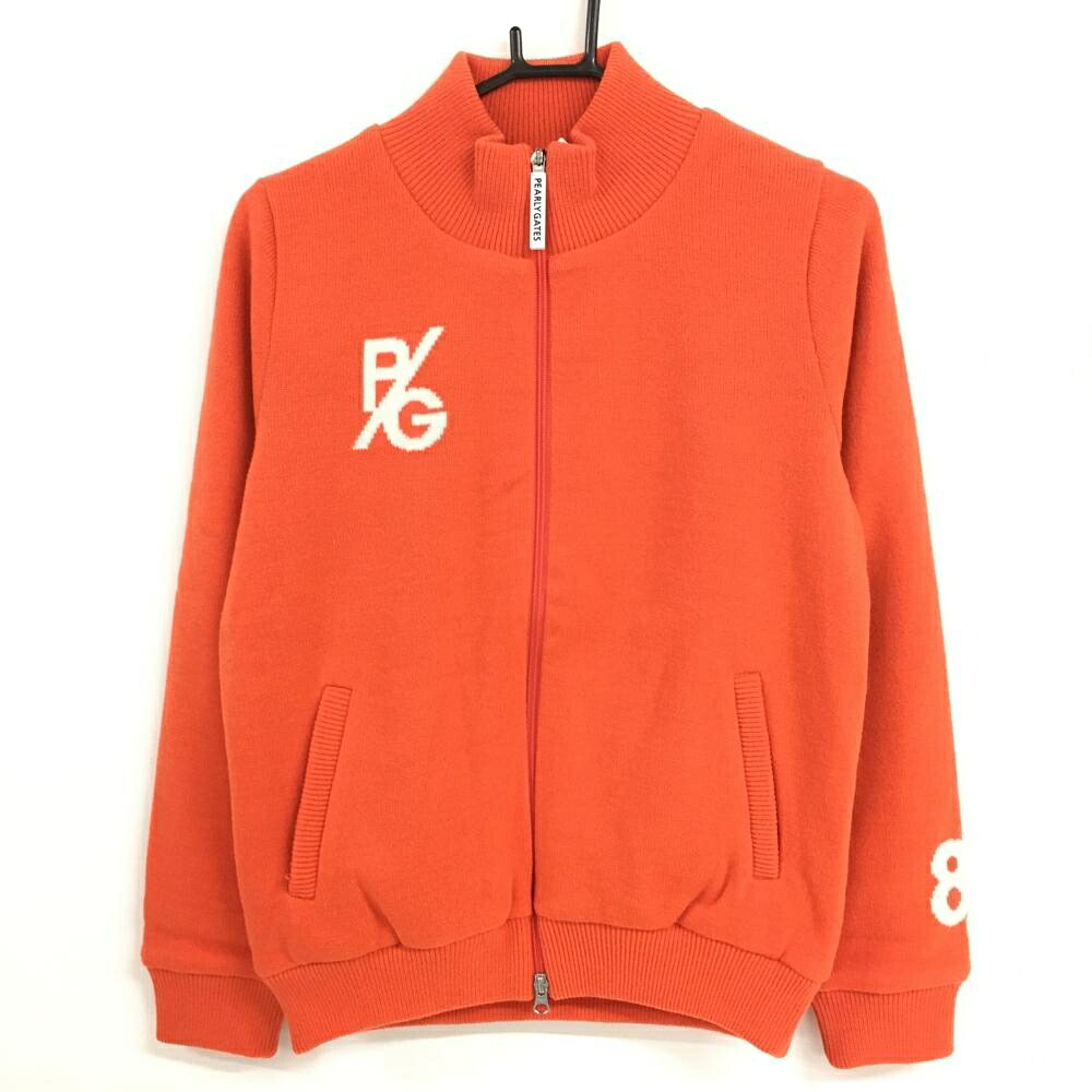 【新品】パーリーゲイツ ニットジャケット オレンジ×白 バックロゴ 裏地ロゴ総柄 レディース 2(L) ゴルフウェア PEARLY GATES|レオナード 店