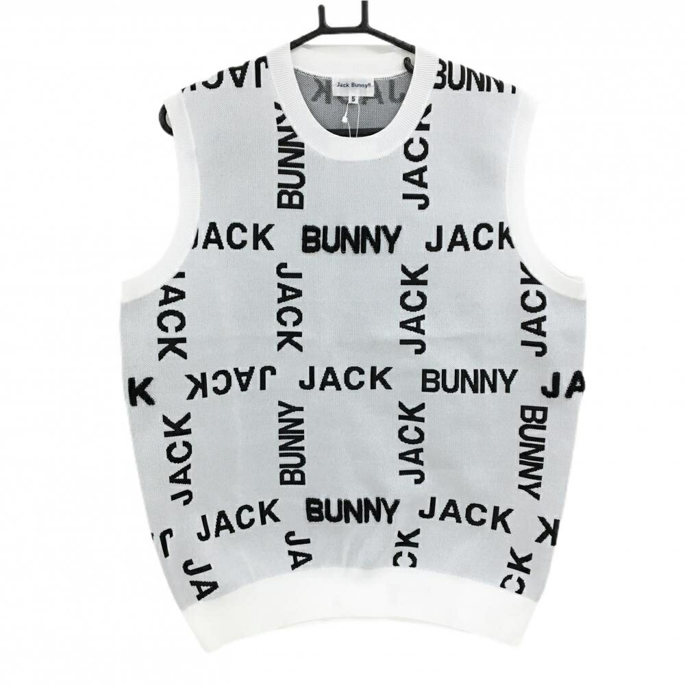【新品】ジャックバニー ニットベスト 白×黒 ロゴ総柄 メンズ 5(L) ゴルフウェア 2024年モデル Jack Bunny