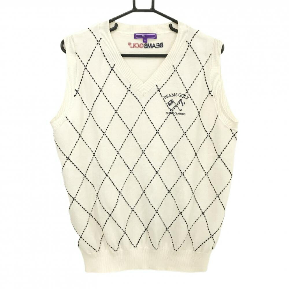 【超美品】ビームスゴルフ ニットベスト アイボリー×ダークネイビー 前面ダイヤ柄編み カシミヤ混 メンズ XL ゴルフウェア BEAMS GOLF 5,660円