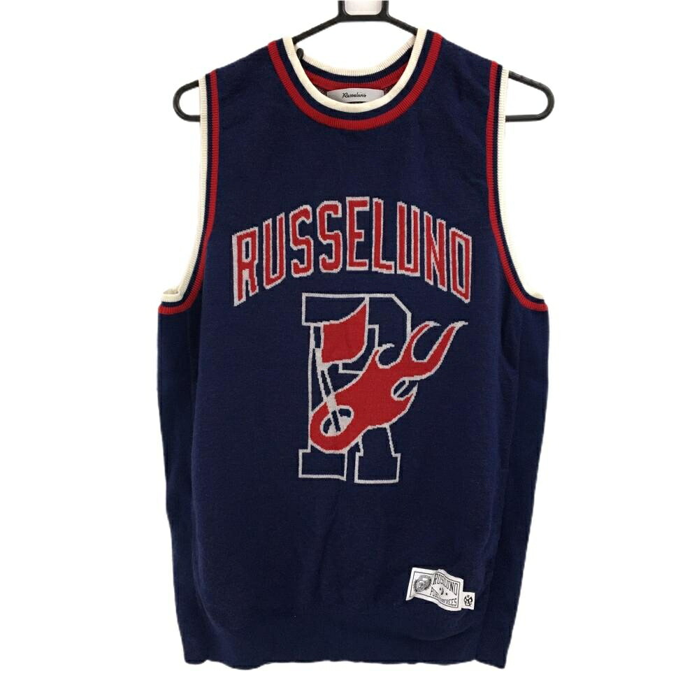 【美品】ラッセルノ ニットベスト ネイビー×レッド×白 ウール100％ メンズ 5(L) ゴルフウェア RUSSELUNO