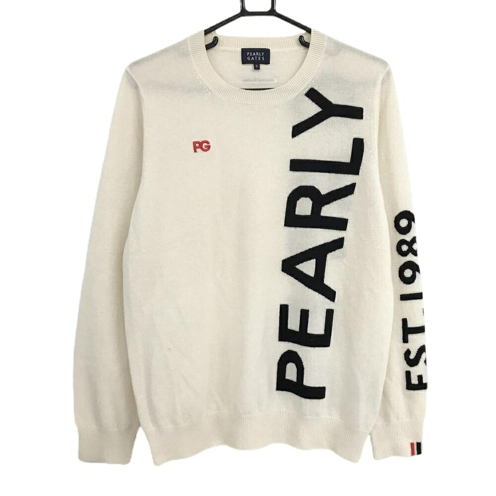 【美品】パーリーゲイツ セーター 白×黒 ビッグロゴ カシミヤ100％ ニット メンズ 5(L) ゴルフウェア PEARLY GATES