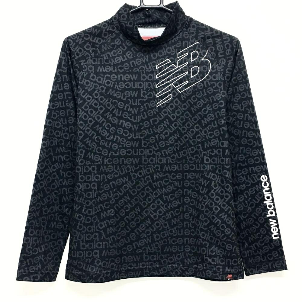 【超美品】ニューバランスゴルフ 長袖ハイネックシャツ 黒×グレー ロゴ総柄 レディース 2(L) ゴルフウェア New Balance
