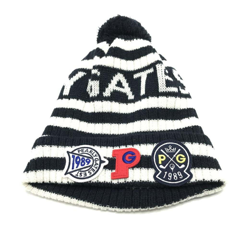 【超美品】パーリーゲイツ ニット帽 ネイビー×白 ボーダー 複数ワッペン FR ゴルフウェア PEARLY GATES