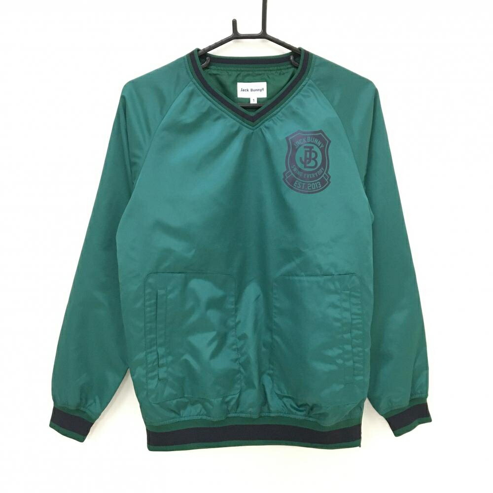 【超美品】ジャックバニー スニード グリーン×ネイビー ロゴ サイドジップ 裏地付 ブルゾン レディース 1(M) ゴルフウェア Jack Bunny