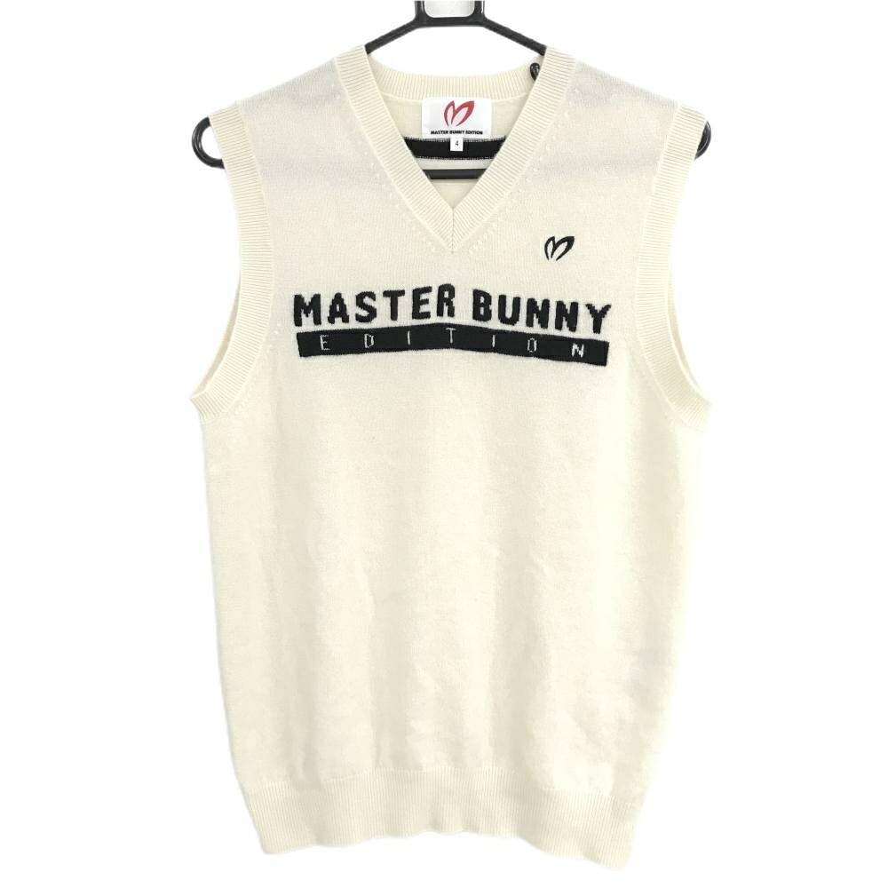【美品】マスターバニー ニットベスト アイボリー×ダークネイビー 胸ロゴ カシミヤ100％ メンズ 4(M) ゴルフウェア MASTER BUNNY EDITION