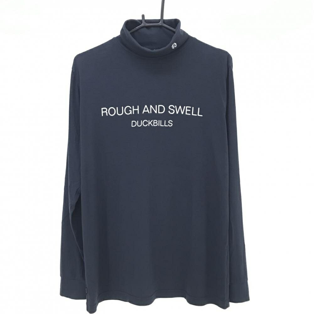 【美品】ラフアンドスウェル 長袖ハイネックシャツ ネイビー×白 フロントロゴ メンズ L ゴルフウェア rough＆swell