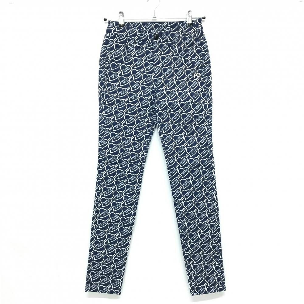 【新品】パーリーゲイツ パンツ ネイビー×白 ハートロゴ総柄 ストレッチ レディース 00(XS) ゴルフウェア PEARLY GATES