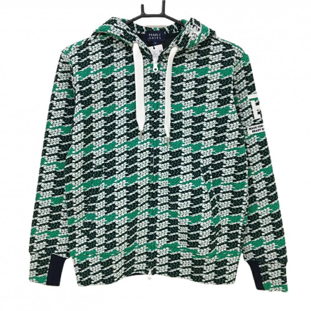 【新品】パーリーゲイツ ジップパーカー 黒×白×グリーン 総柄 凸凹生地 袖ワッペン レディース 0(S) ゴルフウェア PEARLY GATES|レオナード 店
