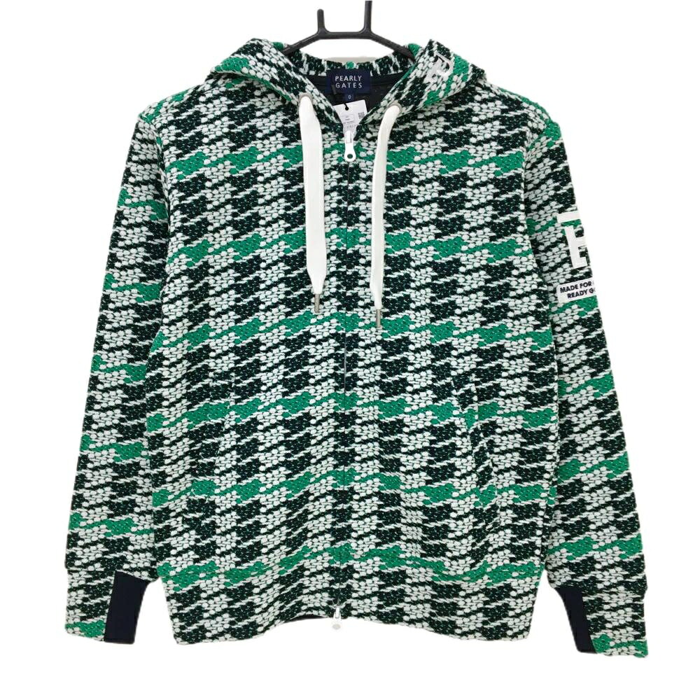 【新品】パーリーゲイツ ジップパーカー 黒×白×グリーン 総柄 凸凹生地 袖ワッペン レディース 0(S) ゴルフウェア PEARLY GATES|レオナード 店