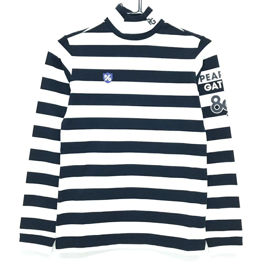 【新品】パーリーゲイツ 長袖ハイネックシャツ 白×ダークネイビー ボーダー ロゴプリント レディース 00(XS) ゴルフウェア PEARLY GATES