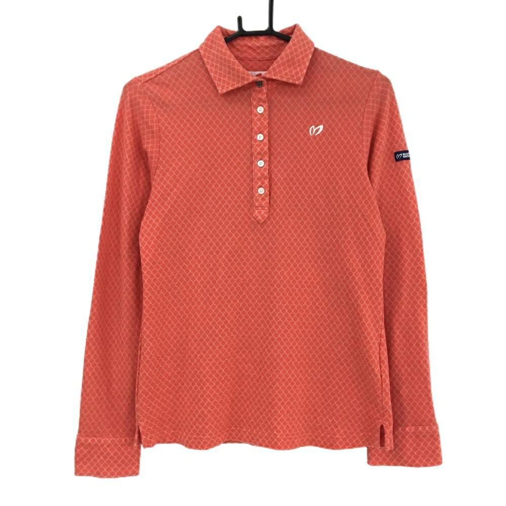 【美品】マスターバニー 長袖ポロシャツ レッド系×白 総柄 コットン混 レディース 2(L) ゴルフウェア MASTER BUNNY EDITION