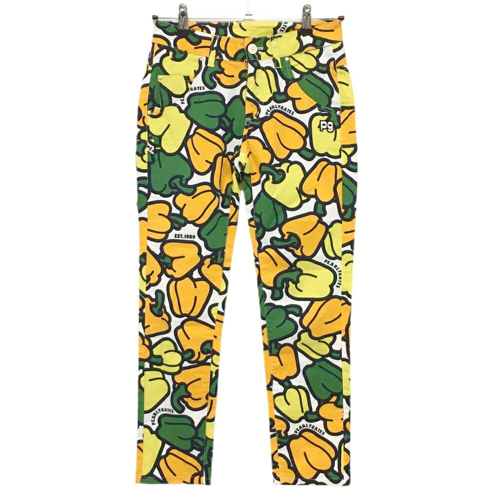【超美品】パーリーゲイツ パンツ オレンジ×グリーン×イエロー パプリカ総柄 ストレッチ レディース 00(XS) ゴルフウェア PEARLY GATES