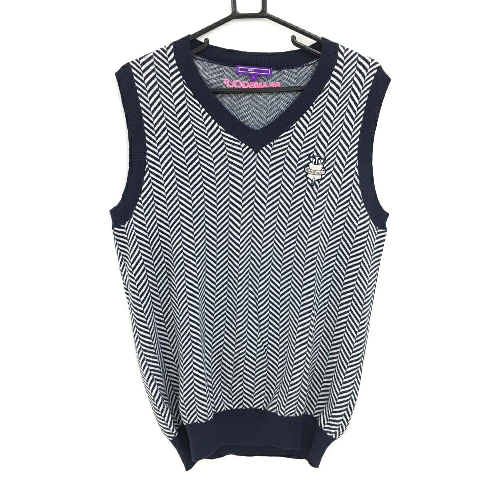 【美品】ビームスゴルフ ニットベスト ネイビー×白 Vネック ヘリンボーン メンズ L ゴルフウェア BEAMS GOLF