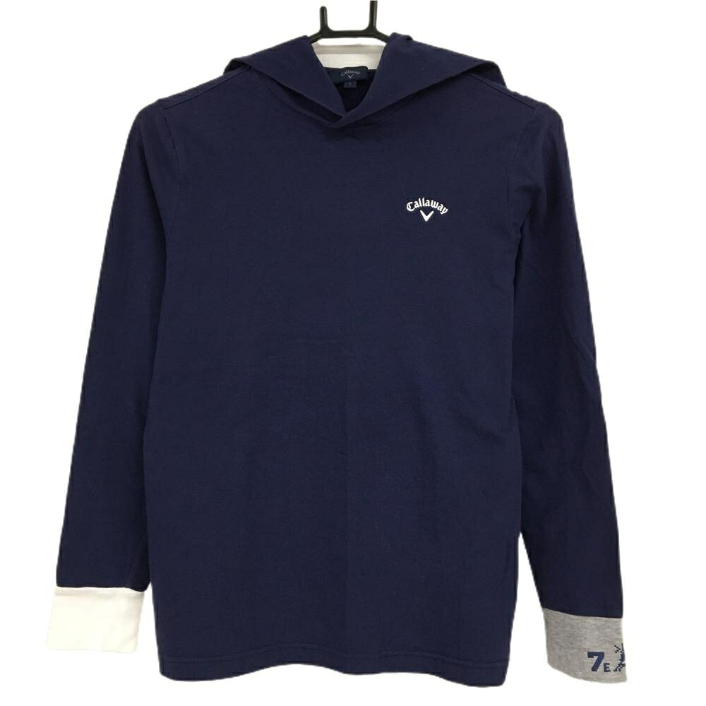 【超美品】キャロウェイ フード付長袖Ｔシャツ ネイビー ロゴ白 パーカー レディース L ゴルフウェア Callaway