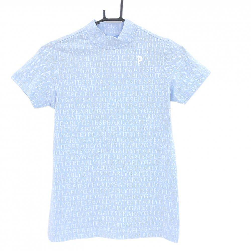 【超美品】パーリーゲイツ 半袖ハイネックシャツ ペールブルー×白 ロゴ総柄 ストレッチ レディース 0(S) ゴルフウェア PEARLY GATES