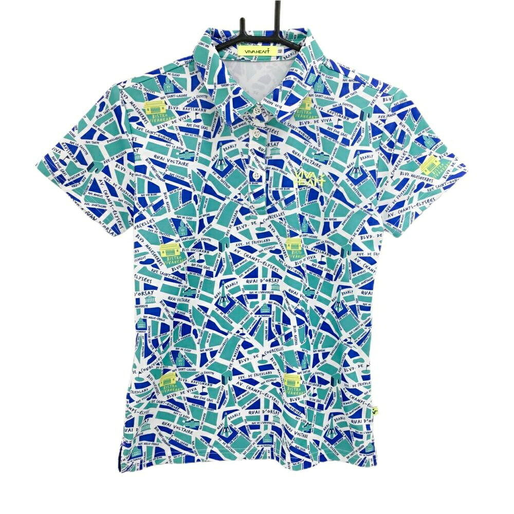 【超美品】ビバハート 半袖ポロシャツ ミントグリーン×ブルー×白 総柄 レディース 40(M) ゴルフウェア VIVA HEART