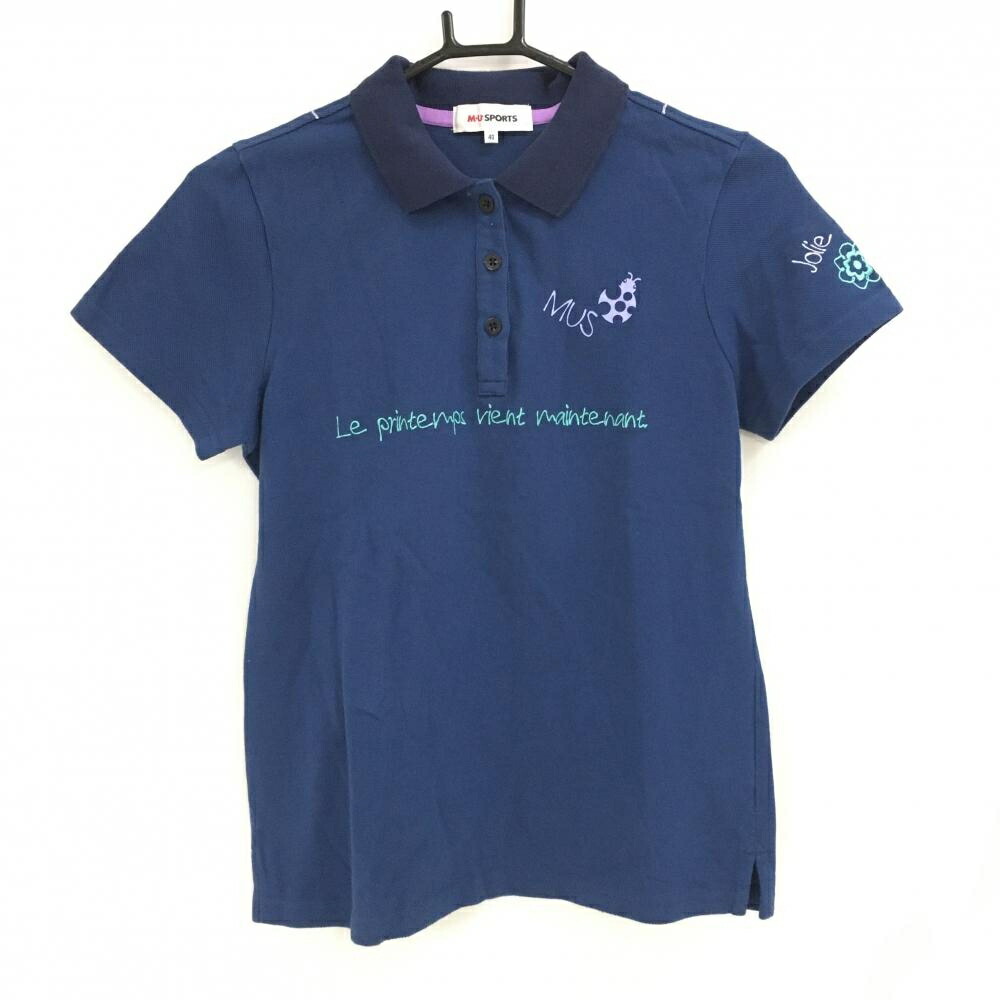【超美品】MUスポーツ 半袖ポロシャツ ネイビー ドッグ刺しゅう レディース 40(M) ゴルフウェア M・U SPORTS