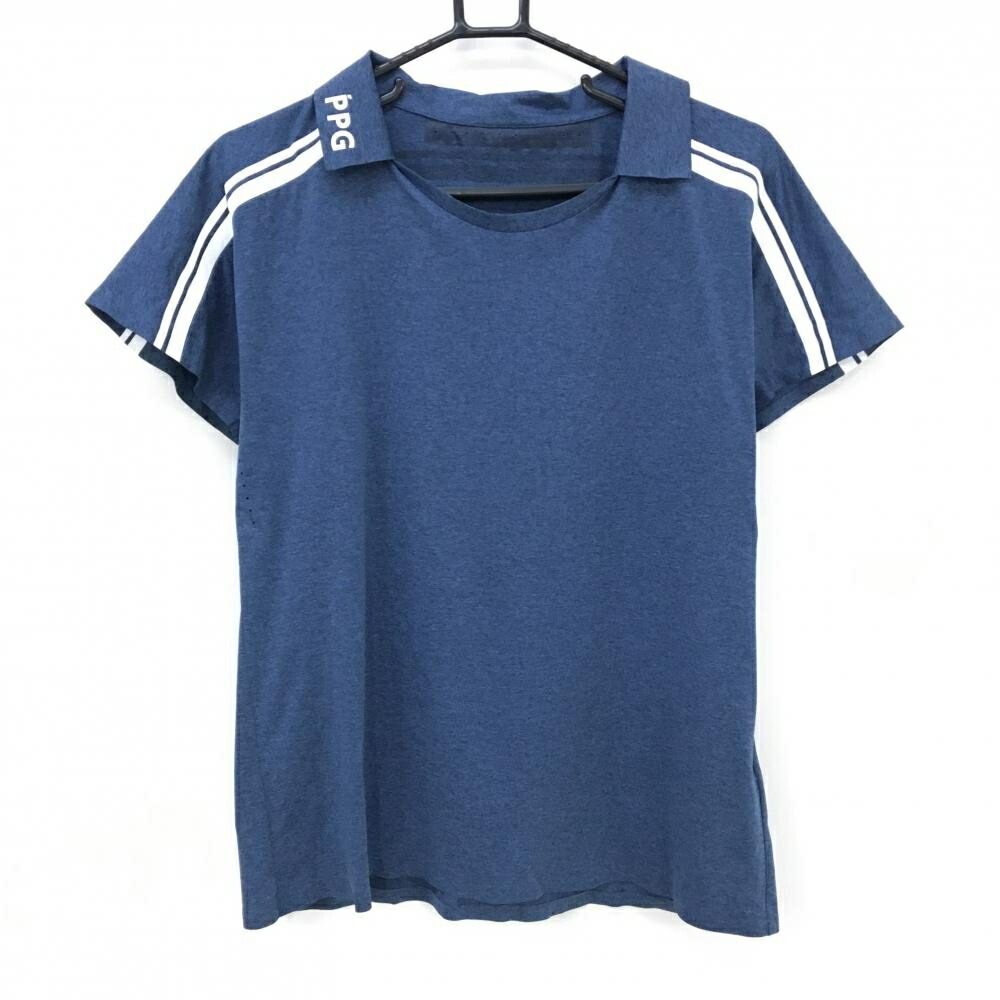 【超美品】パーリーゲイツ 襟付Tシャツ 杢ネイビー×白 肩ライン レディース 2(L) ゴルフウェア PEARLY GATES