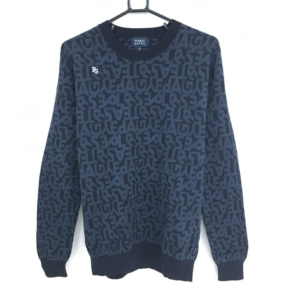 【超美品】パーリーゲイツ セーター 黒×グレー 英字総柄 ニット コットン100％ メンズ 6(XL) ゴルフウェア 2024年モデル PEARLY GATES