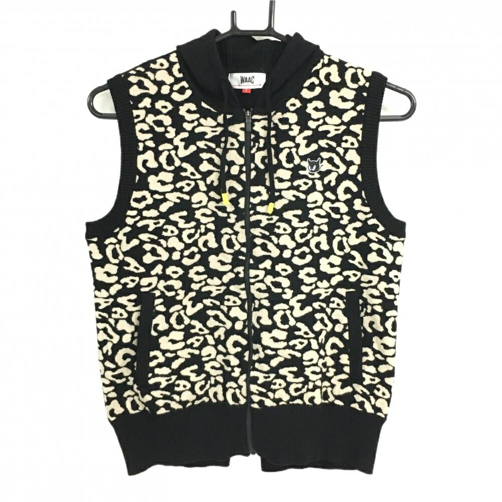 【美品】ワック フード付ニットベスト 黒×ベージュ レオパード ヒョウ柄 レディース 2(M) ゴルフウェア WAAC