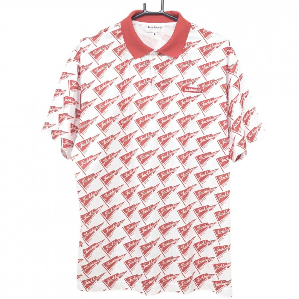 【超美品】ジャックバニー 半袖ポロシャツ 白×レッド 総柄 フラッグ メンズ 6(XL) ゴルフウェア 2025年モデル Jack Bunny