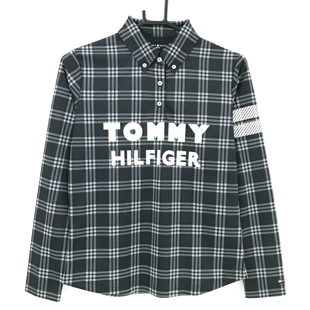 【美品】トミーヒルフィガーゴルフ 長袖ポロシャツ 黒×グレー チェック ボタンダウン レディース M ゴルフウェア Tommy Hilfiger Golf