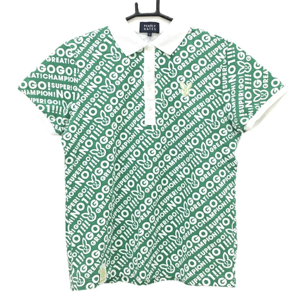 【美品】パーリーゲイツ 半袖ポロシャツ グリーン×白 英字総柄 ラビット レディース 1(M) ゴルフウェア PEARLY GATES