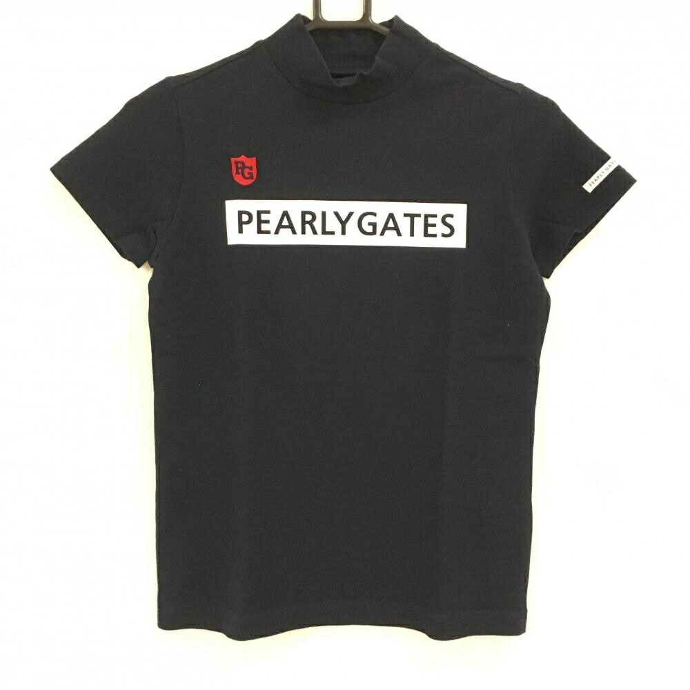 【美品】パーリーゲイツ 半袖ハイネックシャツ ネイビー×白 フロントロゴ レディース 0(S) ゴルフウェア PEARLY GATES