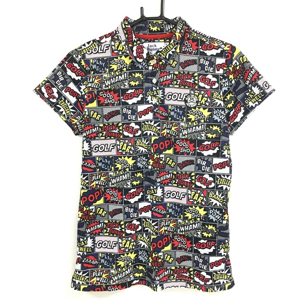 【超美品】ジャックバニー 半袖ポロシャツ グレー×マルチカラー コミック総柄 レディース 2(L) ゴルフウェア Jack Bunny