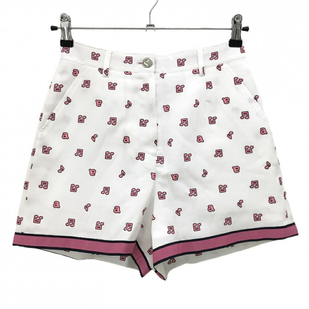 【超美品】アルチビオ ショートパンツ 白×ピンク 音符・ロゴ総柄 裏地付 ウエスト一部ゴム レディース 36(S) ゴルフウェア archivio