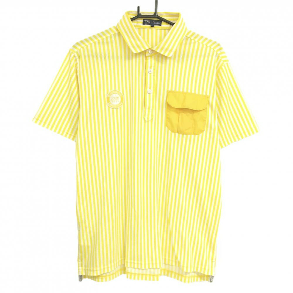 【超美品】23区ゴルフ 半袖ポロシャツ イエロー×白 ストライプ 胸ポケット メンズ LL ゴルフウェア 23区
