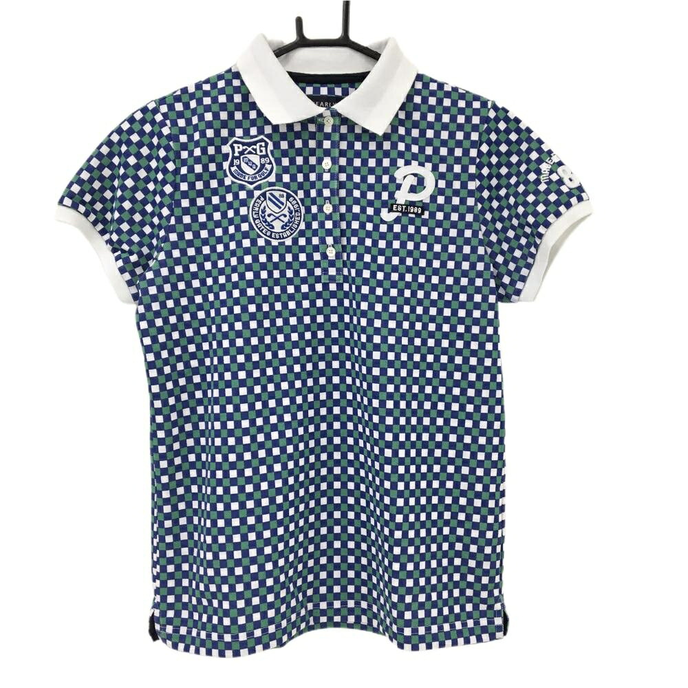 【美品】パーリーゲイツ 半袖ポロシャツ ブルー×グリーン×白 ブロックチェック レディース 1(M) ゴルフウェア PEARLY GATES