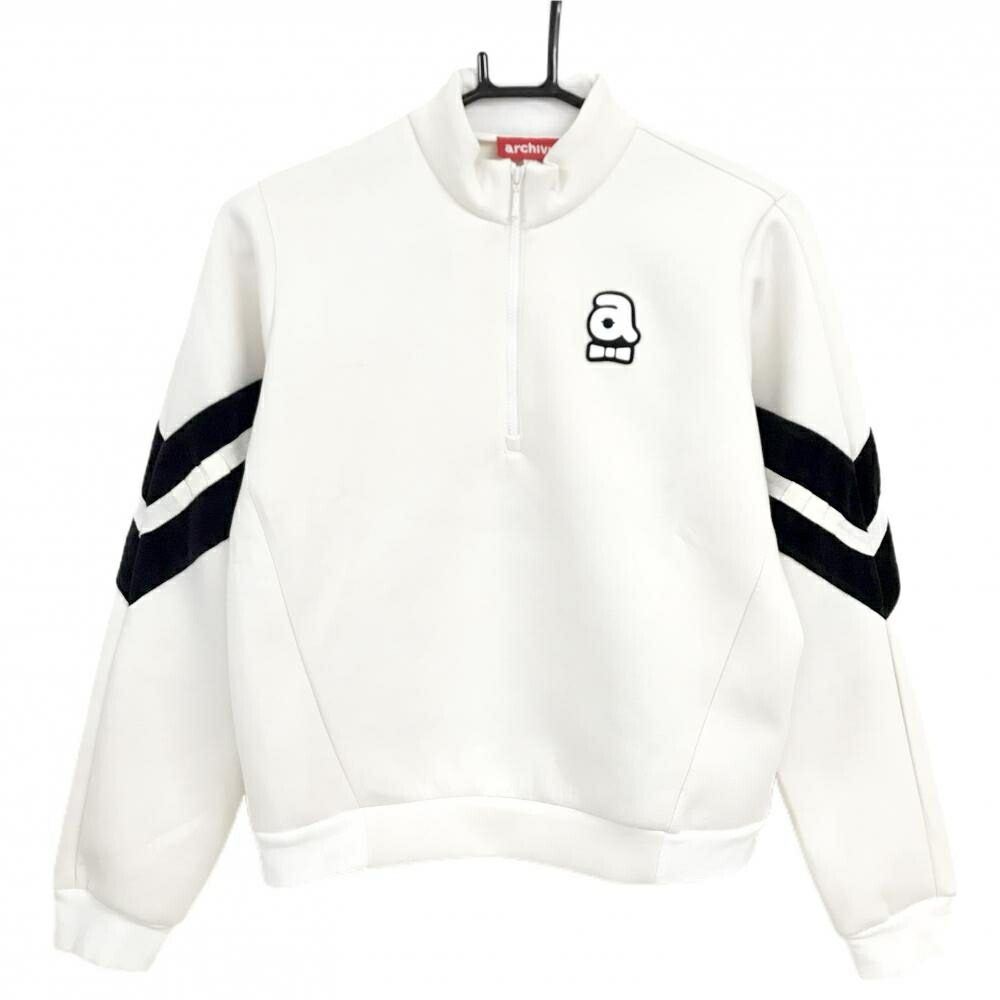 【美品】アルチビオ 長袖ハイネックシャツ 白×黒 ハーフジップ ダンボールニット 一部ベロア レディース 38 ゴルフウェア archivio
