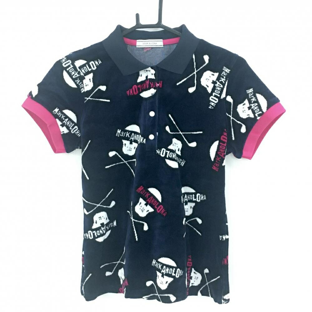 【超美品】マークアンドロナ 半袖ポロシャツ ネイビー×白 スカル総柄 起毛 レディース 40(L) ゴルフウェア MARK＆LONA