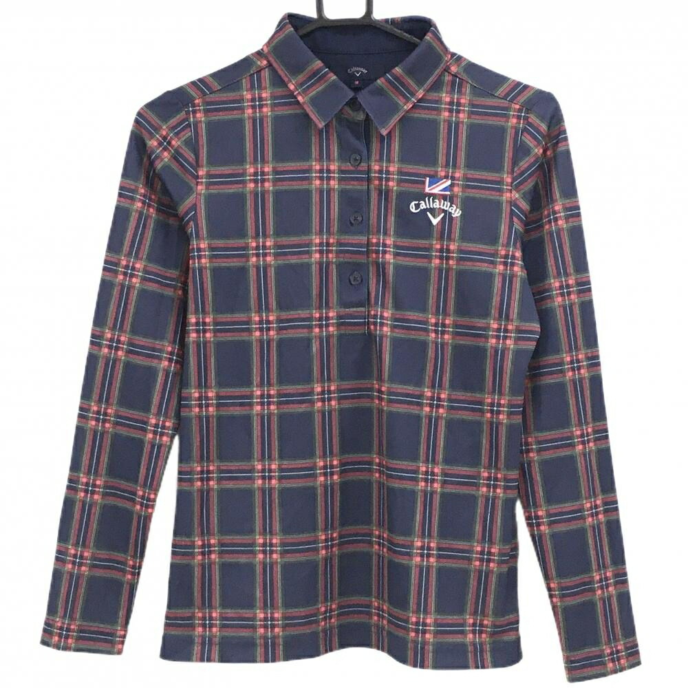 【超美品】キャロウェイ 長袖ポロシャツ ネイビー×レッド チェック ロゴ刺しゅう レディース M ゴルフウェア Callaway