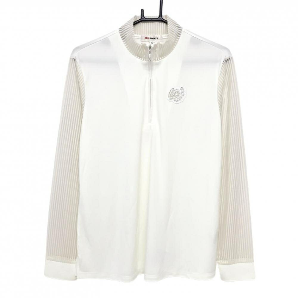 【新品】MUスポーツ 長袖ハイネックシャツ 白 ハーフジップ ネック・袖透け感ストライプ レディース 44(XL) ゴルフウェア M・U SPORTS