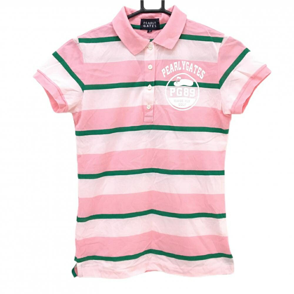 【美品】パーリーゲイツ 半袖ポロシャツ ピンク×グリーン ボーダー ロゴプリント レディース 0(S) ゴルフウェア PEARLY GATES