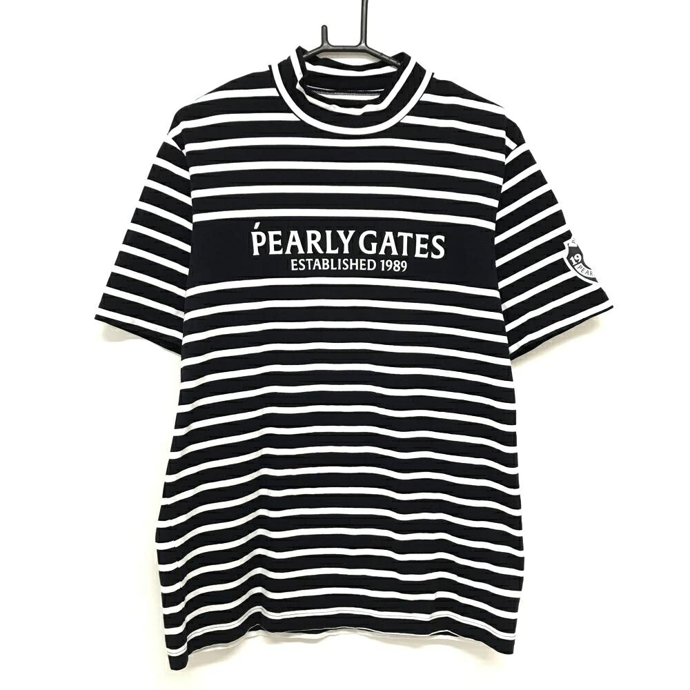 【超美品】パーリーゲイツ 半袖ハイネックシャツ ネイビー×白 ボーダー ストレッチ メンズ 7(2XL) ゴルフウェア PEARLY GATES