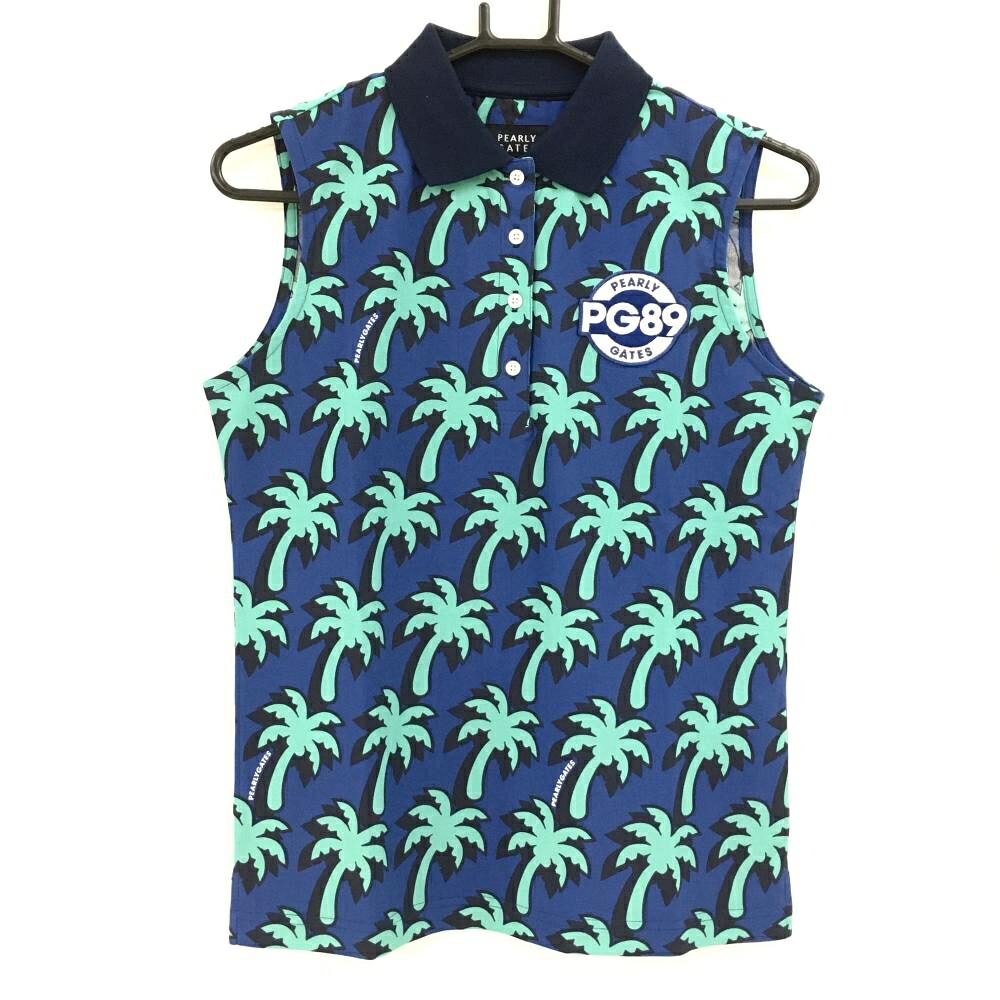 【新品】パーリーゲイツ ノースリーブポロシャツ ネイビー×エメラルドグリーン ヤシの木柄 レディース 1(M) ゴルフウェア PEARLY GATES|レオナード 店