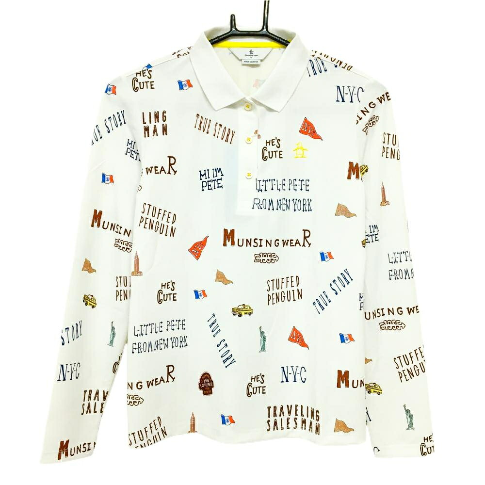 【新品】マンシングウェア 長袖ポロシャツ 白×マルチカラー ロゴ・総柄 ストレッチ UVカット レディース M ゴルフウェア Munsingwear