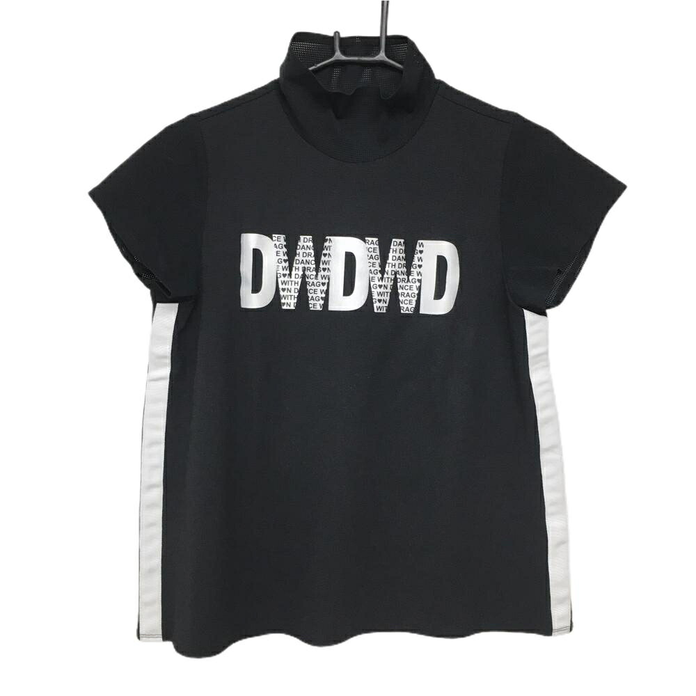 【美品】ダンスウィズドラゴン 半袖ハイネックシャツ 黒×シルバー フロントロゴ レディース 2(M) ゴルフウェア Dance With Dragon