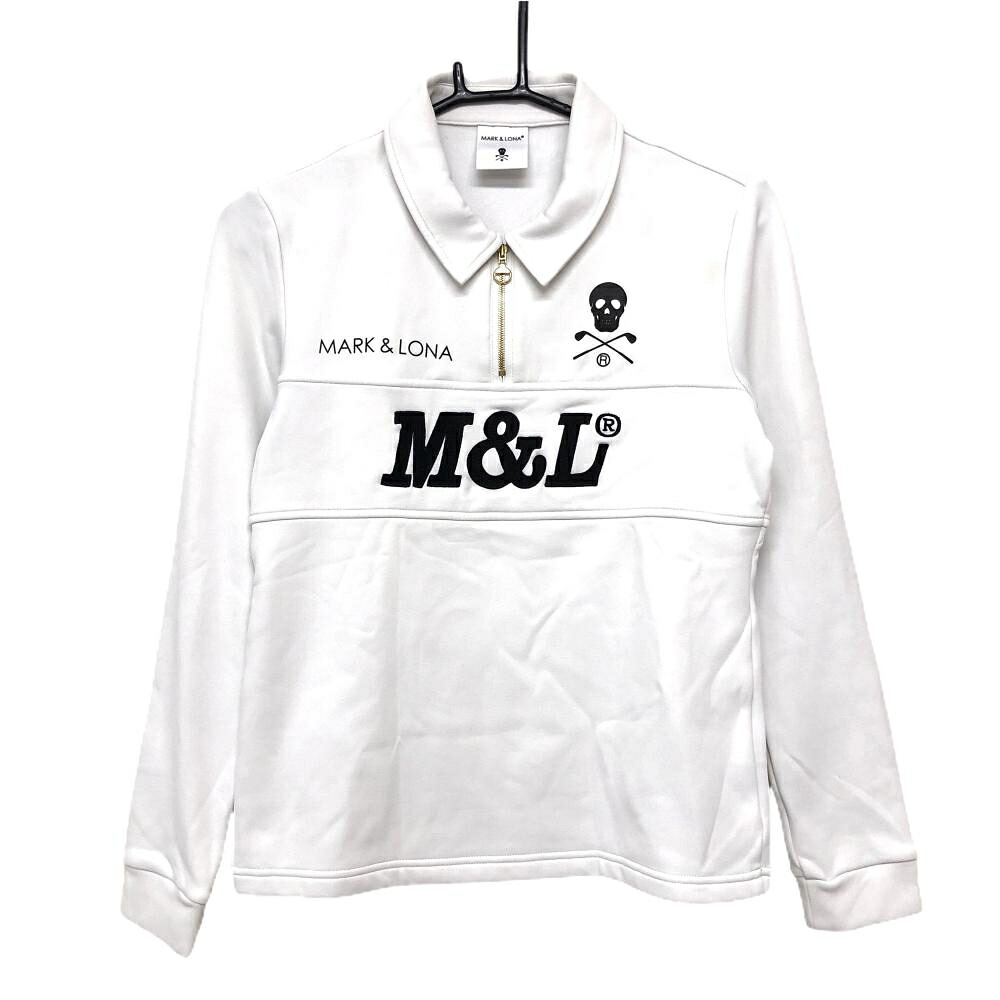 【超美品】マークアンドロナ 襟付き長袖シャツ 白×黒 裏微起毛 ハーフジップ スカル レディース 38(M) ゴルフウェア MARK＆LONA