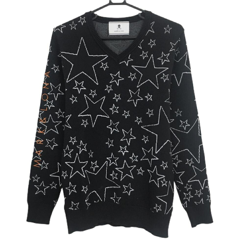 【美品】マークアンドロナ セーター 黒×白 星総柄 ニット ウール混 Vネック ラメ メンズ M ゴルフウェア MARK&LONA|レオナード 店