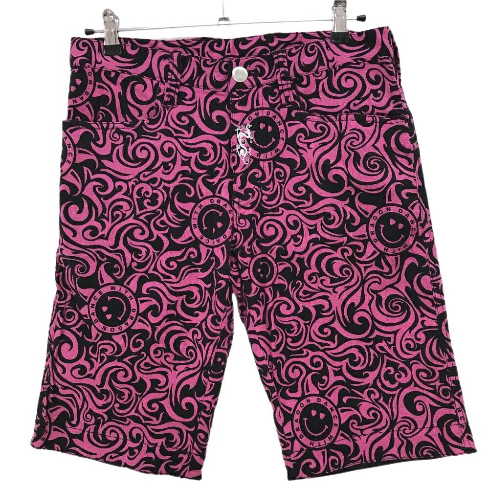 【超美品】ダンスウィズドラゴン ハーフパンツ ピンク×黒 総柄 ニコちゃん ストレッチ メンズ 2(M) ゴルフウェア Dance With Dragon|レオナード 店