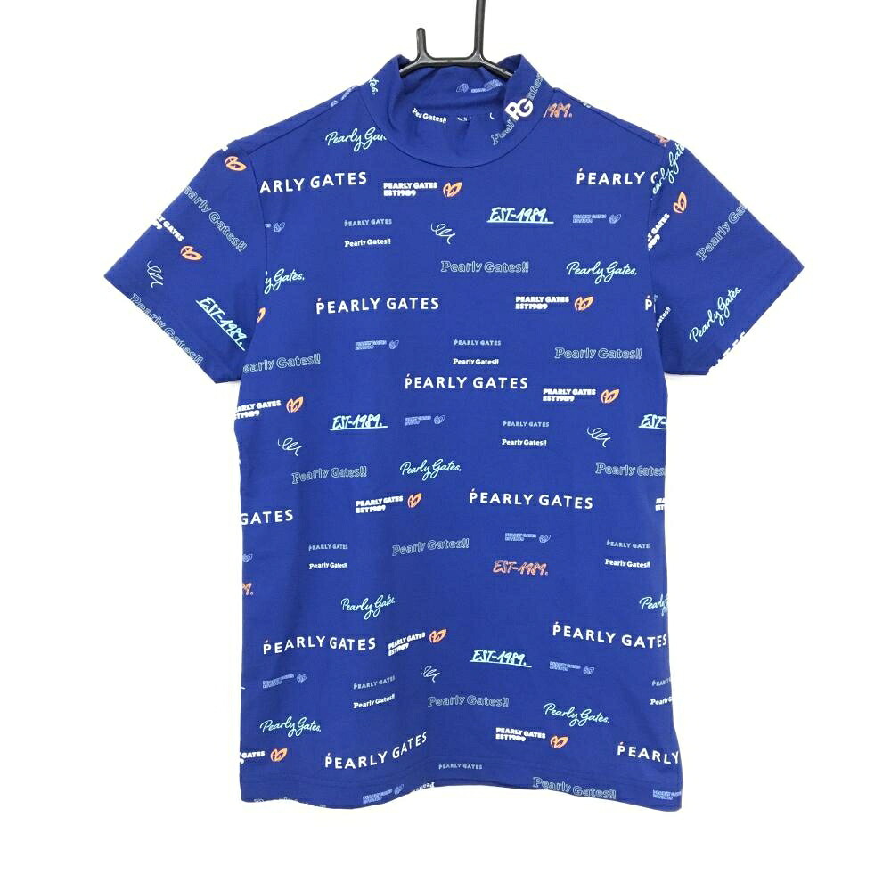 【超美品】パーリーゲイツ 半袖ハイネックシャツ ブルー&times;白 ロゴ総柄 レディース 2(L) ゴルフウェア 2024年モデル PEARLY GATES｜レオナード　店