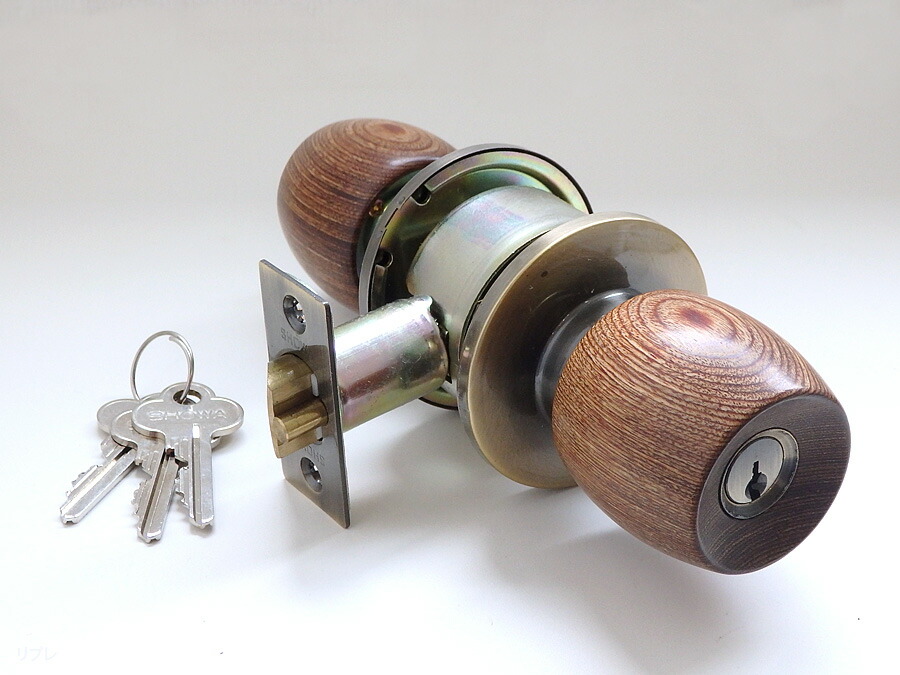 SKB ロック錠(ユニロック錠) SKBW-G25-US5(真鍮ブロンズ色) 木製握り玉 玄関錠タイプ　3本カギ付　バックセット 60ミリ ☆☆U-SHINSHOWA ショウワ 昭和☆ユニロック錠 円筒錠☆☆玄関 ドア 扉　修理 補修 交換　部品 パーツ☆☆