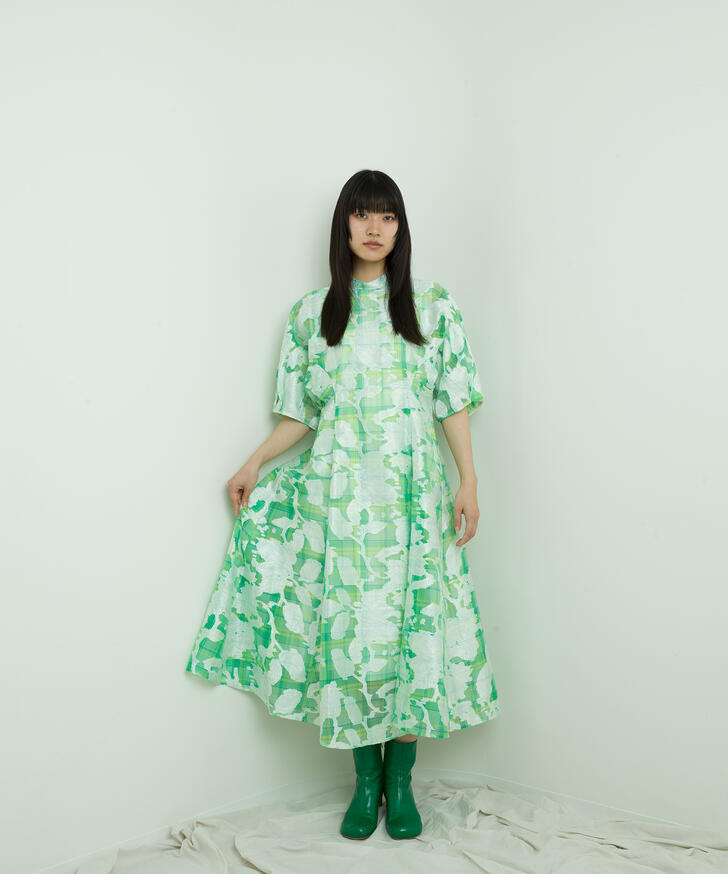opal sheer check dress オパールシアーチェックドレス ワンピース moyan ecri モヤンエクリ 花柄 フレア ボリューム シャーリング コーラル グリーン パープル MED1-26L003|moyan ecri 店