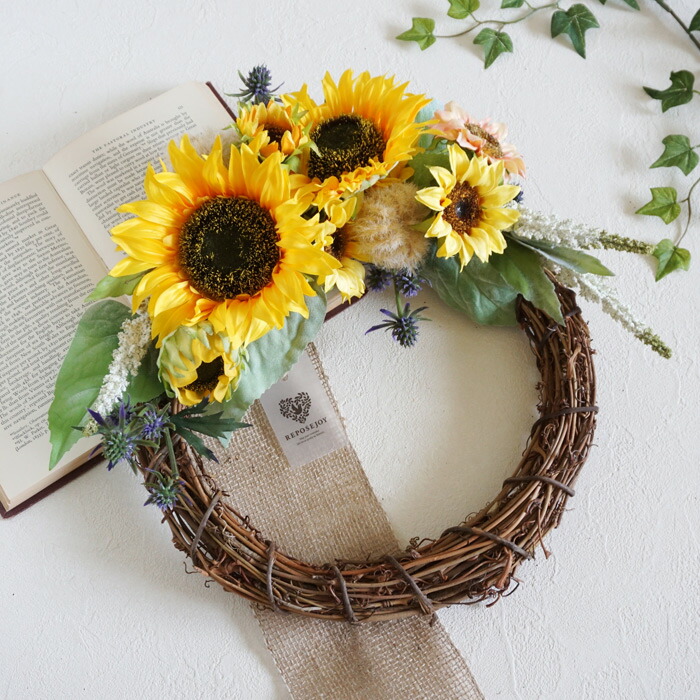 市場 ヒマワリ 壁掛け 黄色 リース フェイクフラワー イエロー フラワー アーティフィシャルフラワー ひまわり 造花 インテリア 向日葵をあしらった ウェディング
