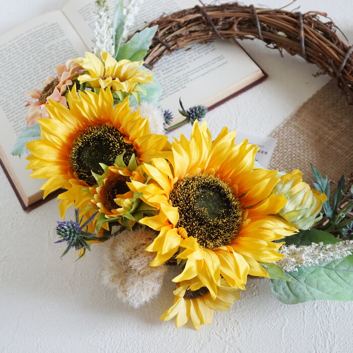 市場 ヒマワリ 壁掛け 黄色 リース フェイクフラワー イエロー フラワー アーティフィシャルフラワー ひまわり 造花 インテリア 向日葵をあしらった ウェディング